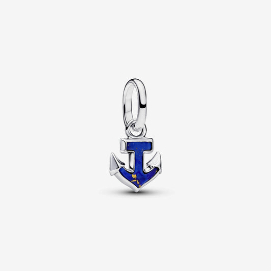 Genuine Pandora ME 925 sterling silver mini dangle charm featuring a classic anchor motif with a dark blue imitation lapis lazuli inlay.