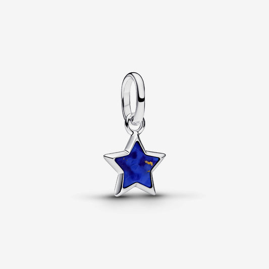 Genuine Pandora ME 925 sterling silver mini dangle charm featuring a five-pointed star motif with a dark blue imitation lapis lazuli inlay.