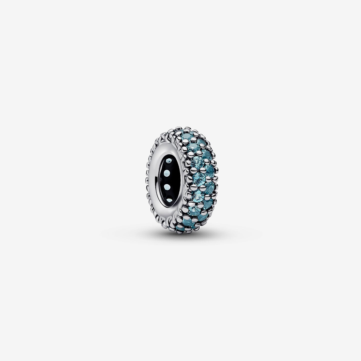 Genuine Pandora 925 sterling silver slender spacer charm continuously set with glistening light blue imitation crystal stones.