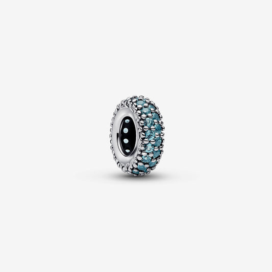 Genuine Pandora 925 sterling silver slender spacer charm continuously set with glistening light blue imitation crystal stones.