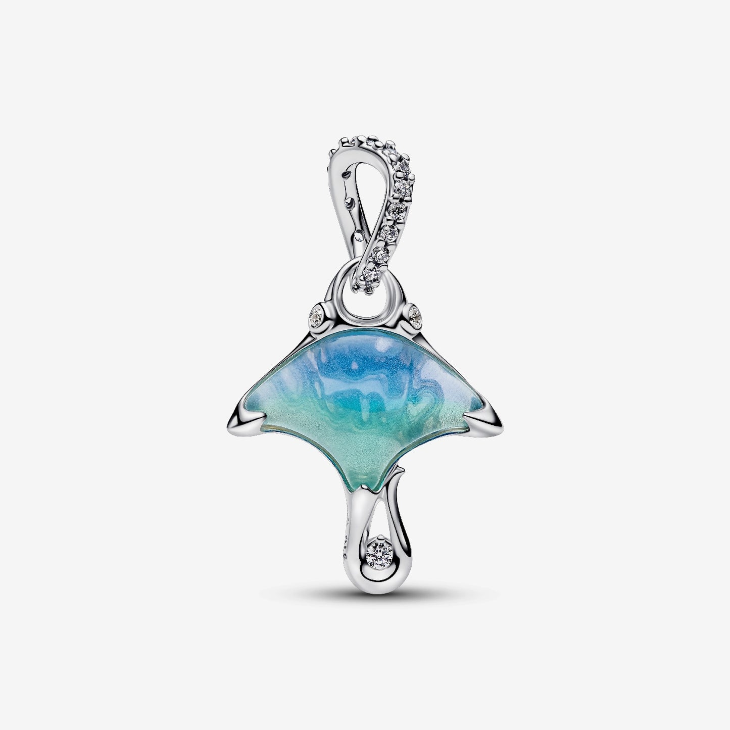 Genuine Pandora 925 sterling silver dangle charm featuring a manta ray with blue-green Murano glass, scattered clear stones, and a "Free Spirit" engraving.