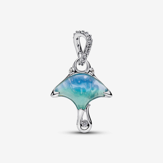 Genuine Pandora 925 sterling silver dangle charm featuring a manta ray with blue-green Murano glass, scattered clear stones, and a "Free Spirit" engraving.