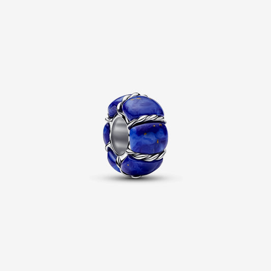 Genuine Pandora 925 sterling silver spacer charm shaped like a maritime buoy, featuring rope-effect detailing and dark blue imitation lapis lazuli.