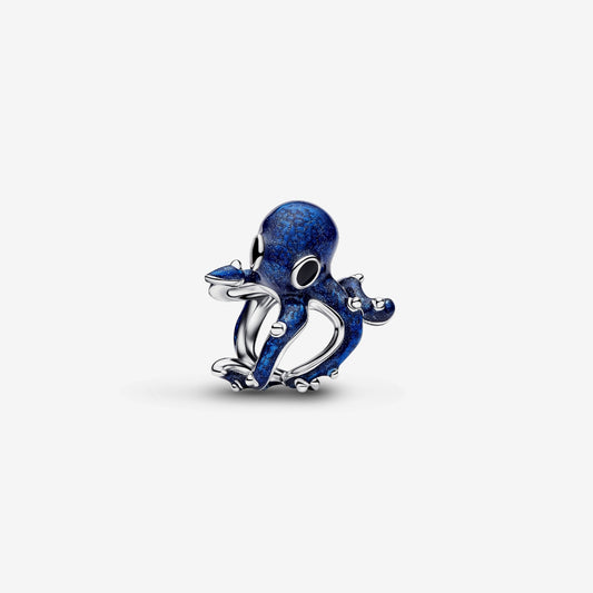 Genuine Pandora 925 sterling silver charm shaped like an octopus, featuring curling tentacles and shimmering midnight blue enamel.