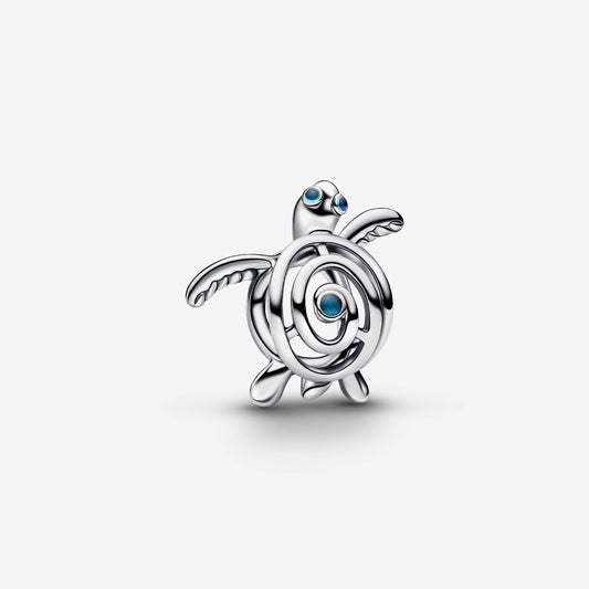 Genuine Pandora 925 sterling silver openwork charm shaped like a sea turtle, accented with light blue turquoise enamel details.