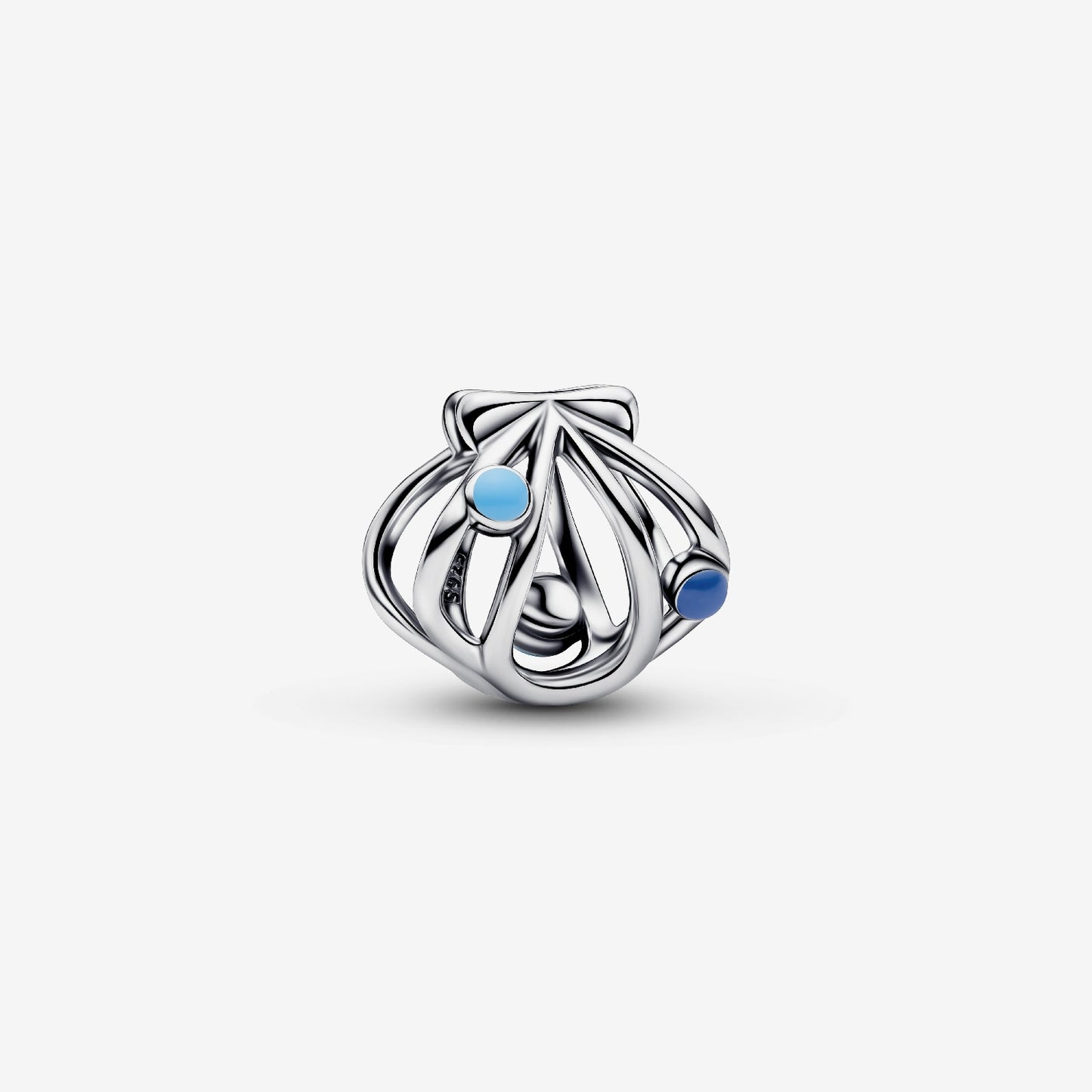 Genuine Pandora 925 sterling silver openwork charm shaped like a delicate seashell, accented with smooth blue and light blue enamel droplets.
