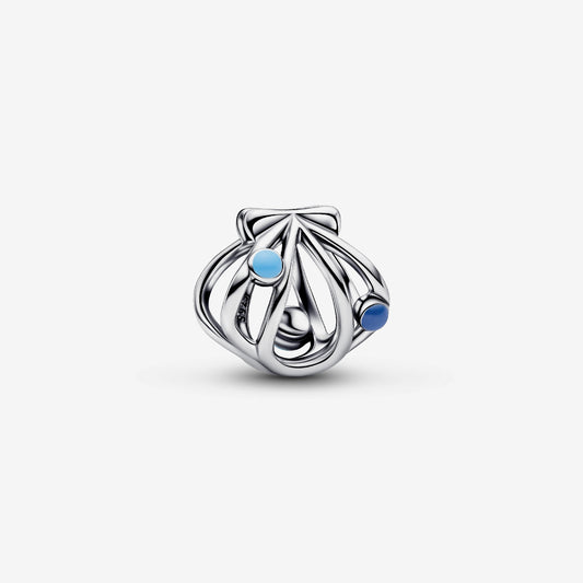 Genuine Pandora 925 sterling silver openwork charm shaped like a delicate seashell, accented with smooth blue and light blue enamel droplets.