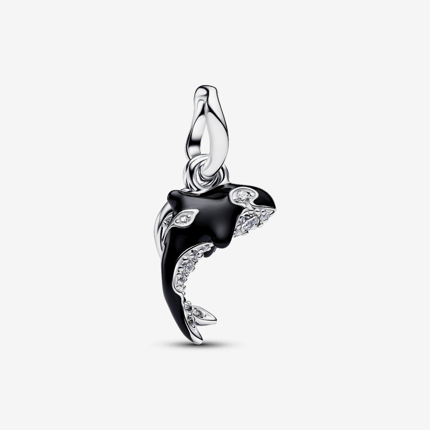 Genuine Pandora 925 sterling silver dangle charm featuring an orca detailed with black enamel and clear cubic zirconia, accompanied by an engraved disc.