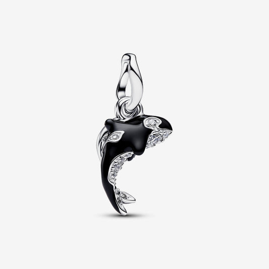 Genuine Pandora 925 sterling silver dangle charm featuring an orca detailed with black enamel and clear cubic zirconia, accompanied by an engraved disc.