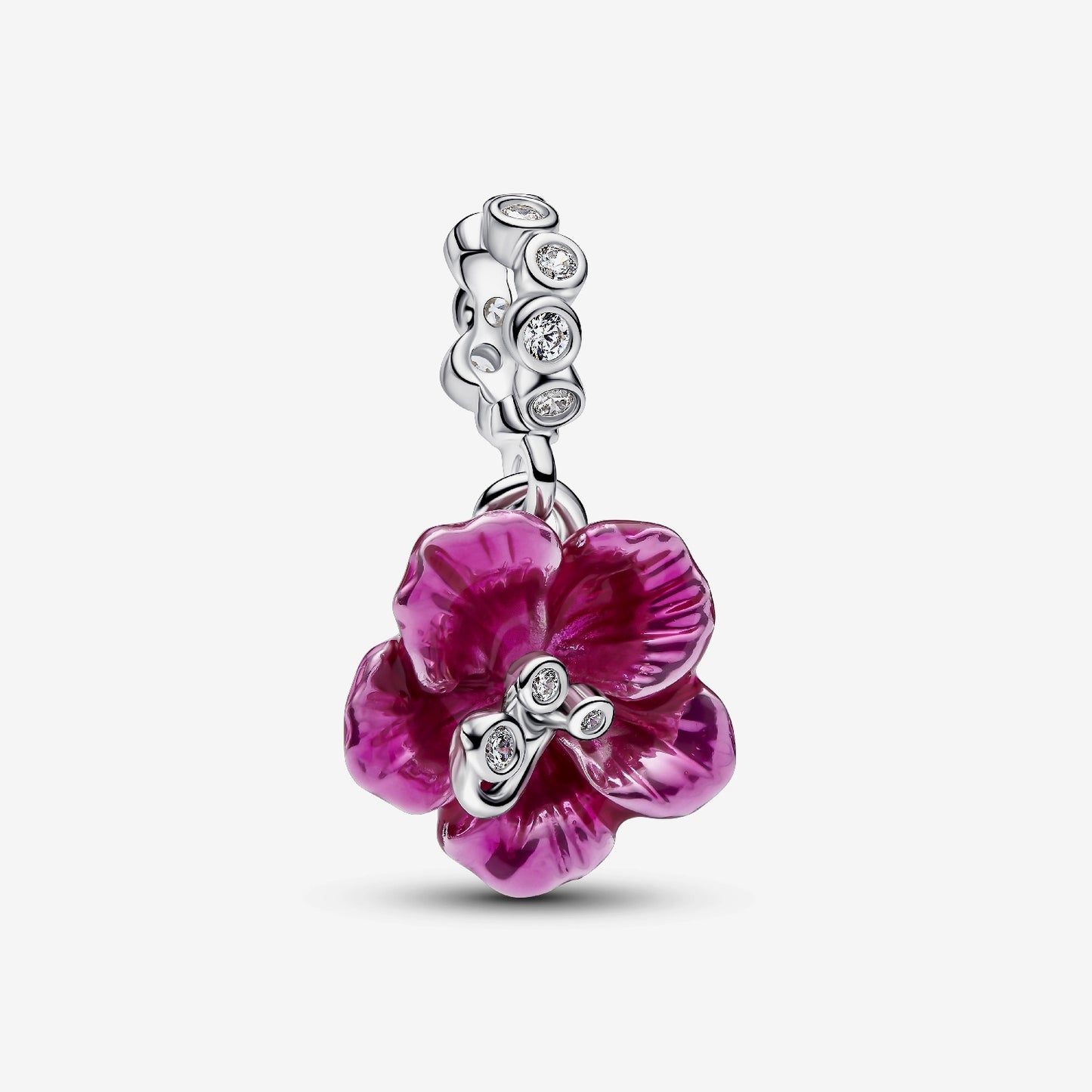 Genuine Pandora 925 sterling silver dangle charm featuring a blooming hibiscus flower with rich pink enamel and clear cubic zirconia stones.