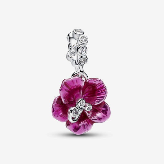 Genuine Pandora 925 sterling silver dangle charm featuring a blooming hibiscus flower with rich pink enamel and clear cubic zirconia stones.