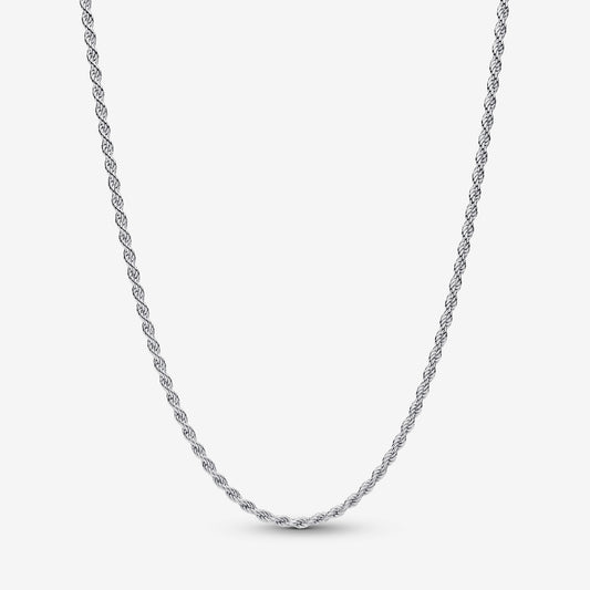 Genuine Pandora 925 sterling silver rope chain necklace featuring a tightly woven design and a sliding adjustable clasp.