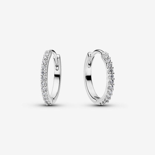 Genuine Pandora 925 sterling silver mini hoop earrings featuring a continuous outer row of pavé-set clear cubic zirconia stones.