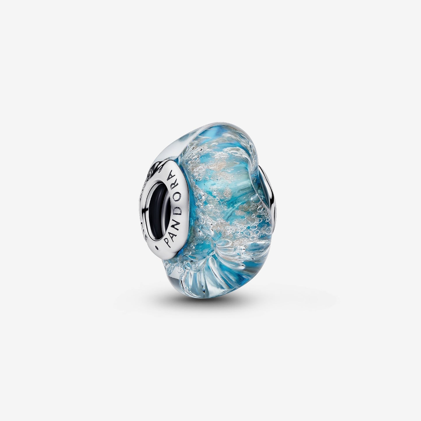 Genuine Pandora 925 sterling silver charm featuring a rounded turquoise Murano glass bead infused with a swirling glitter effect.