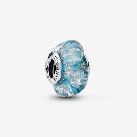 Genuine Pandora 925 sterling silver charm featuring a rounded turquoise Murano glass bead infused with a swirling glitter effect.