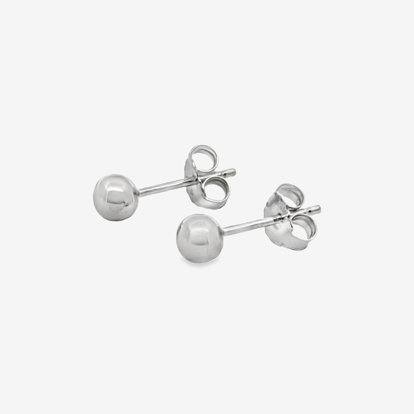 A pair of classic 5mm sterling silver ball stud earrings featuring a smooth, highly polished spherical design with standard butterfly backs.