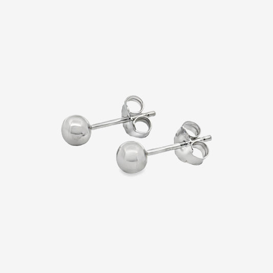 A pair of classic 5mm sterling silver ball stud earrings featuring a smooth, highly polished spherical design with standard butterfly backs.