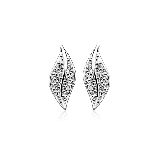 Silver & CZ Curved Leaf Stud Earrings