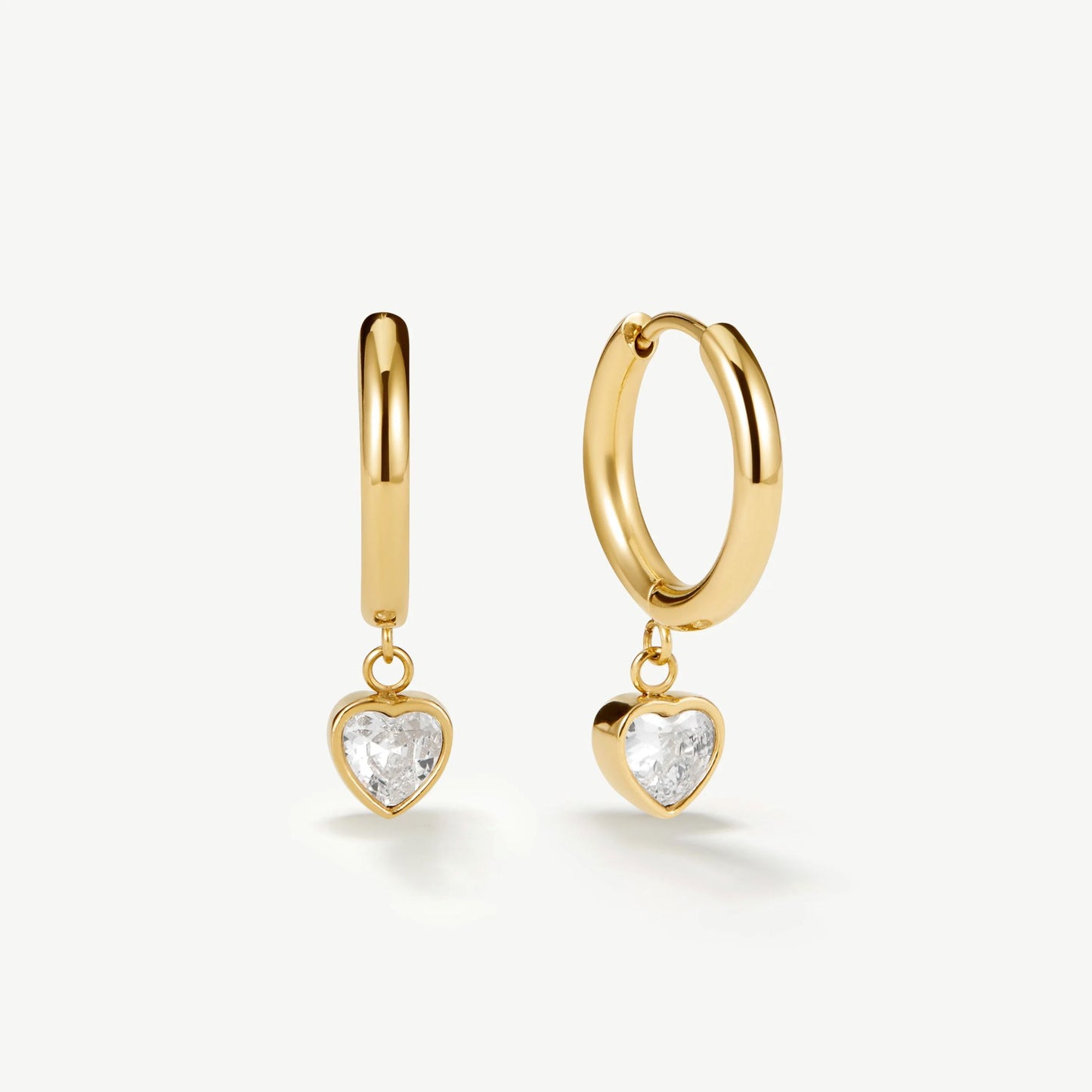 Gold Bezel Heart Huggie Earrings