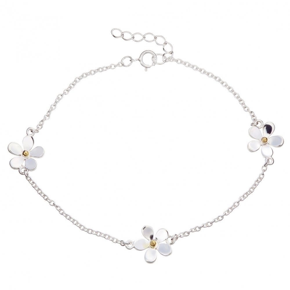 A fine sterling silver chain bracelet featuring three evenly spaced daisy flowers with 18kt gold centres, complete with a spring ring clasp and adjustable extender.