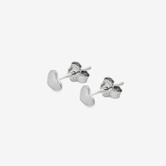 A pair of small 6mm sterling silver heart-shaped stud earrings with a highly polished finish and standard butterfly backs.