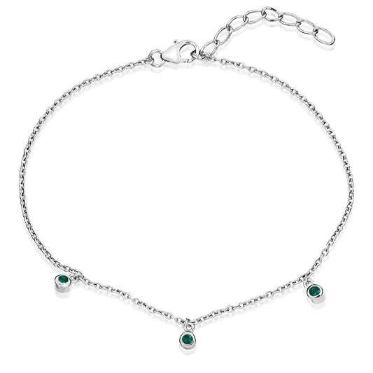 A fine sterling silver chain bracelet featuring three evenly spaced emerald green cubic zirconia stones and an adjustable extender.