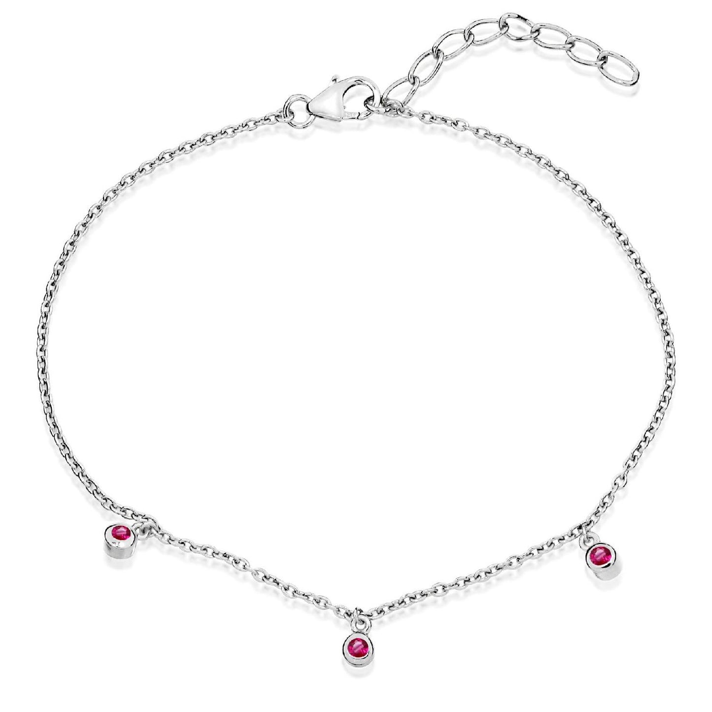 A slender sterling silver trace chain bracelet featuring three evenly spaced bright pink cubic zirconia stones and an adjustable extender.