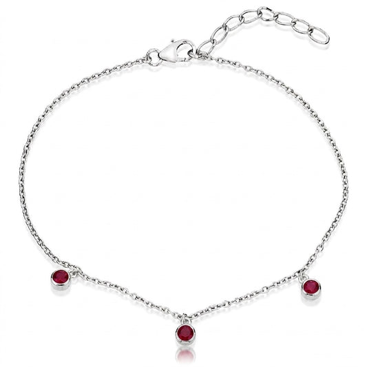 Silver and Ruby Red CZ Triple Stone July Birthstone Bracelet