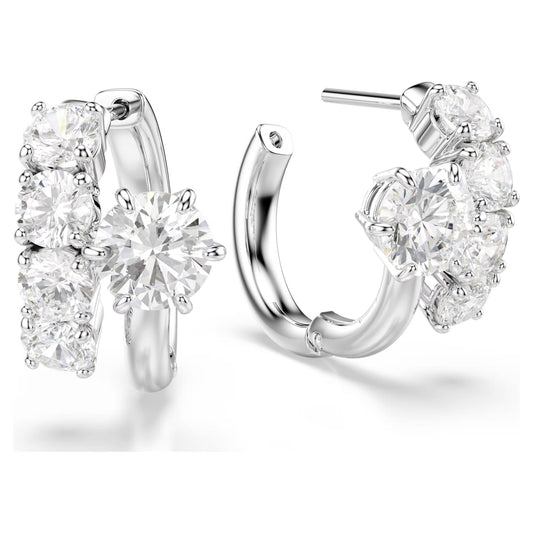 Swarovski Matrix Hoop Earrings with Round-Cut White Crystal in Rhodium Silver