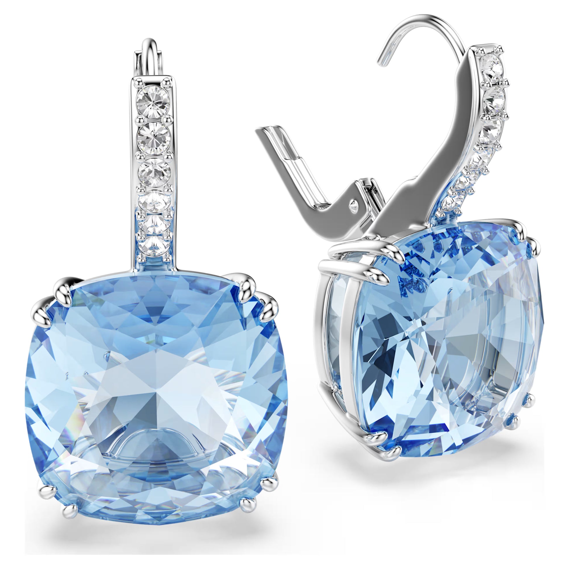 Swarovski Millenia Drop Earrings with Cushion-Cut Blue Crystal in Rhodium Silver