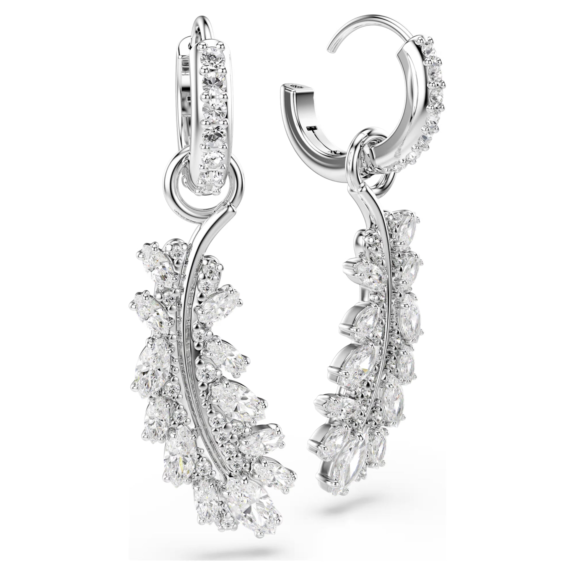 Swarovski Vienna Feather Earrings with Mixed-Cut White Crystal in Rhodium Silver