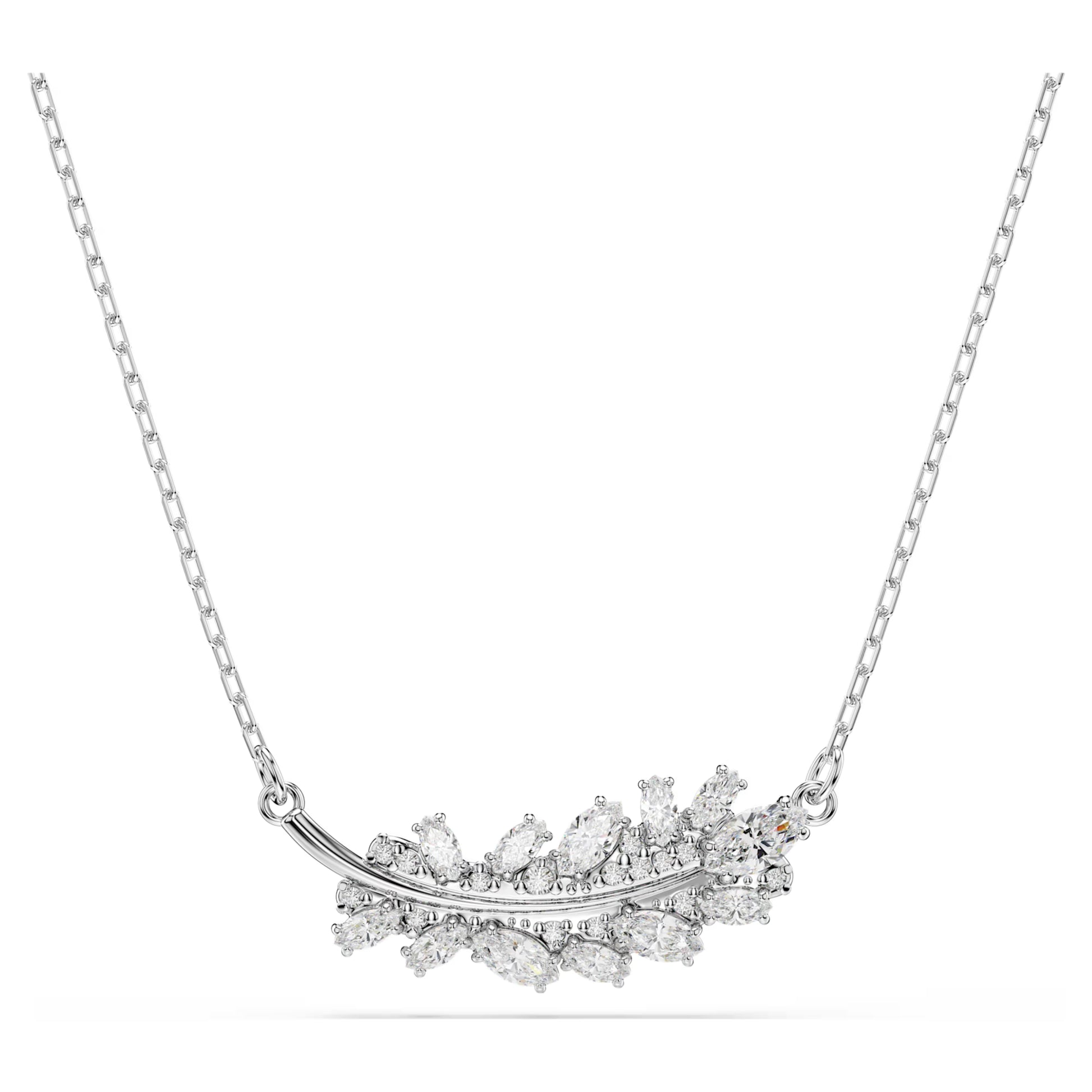 Swarovski Vienna Feather Pendant Necklace with Mixed-Cut White Crystal in Rhodium Silver