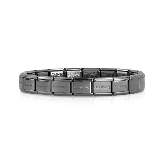 Nomination gunmetal black charm bracelet made from Composable steel links engraved with the Nomination brand name.