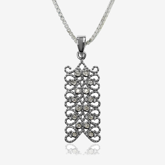 Grace Lace Silver Rectangle CZ Paisley Pendant Necklace